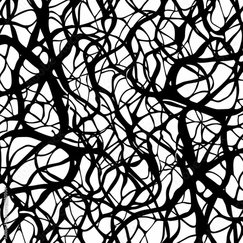 Abstract black and white line drawing of intertwining vines creating a visually intricate and organic pattern in a minimalist style