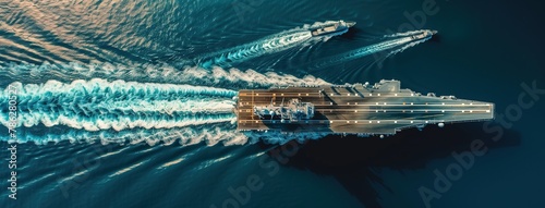 Aerial view of an aircraft carrier and three trawlers on the open sea