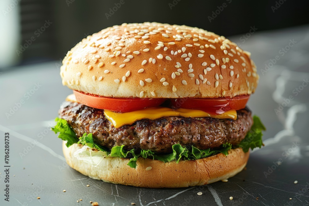 Product shot of fresh big hamburger or cheeseburger Product shot of fresh big hamburger or cheeseburger