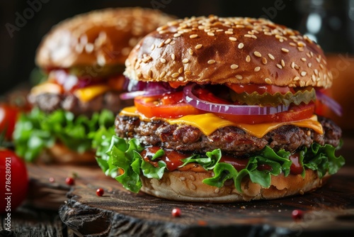 Product shot of fresh big hamburger or cheeseburger