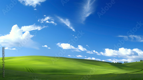 Digital technology blue sky white clouds green hills abstract poster web page PPT background