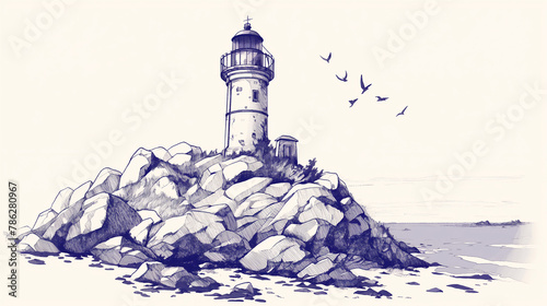Farol em uma ilha no mar no fundo branco - Ilustração photo