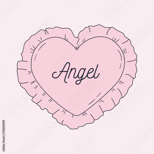 Heart shaped pink pillow with ruffles. Coquette style vintage cushion template for text. Line vector drawing. Pastel color pollowcase