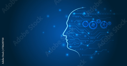 The abstract face of artificial intelligence. Digital brain, vector software digital code. Network interpretation. Head silhouette with particles on a dark blue background, data analysis, data science