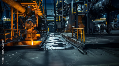 inside of a industial manufacturing plant. steel mill or chemical production site.