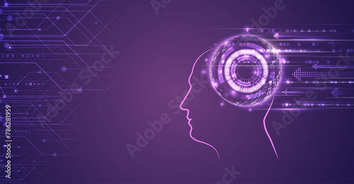 Artificial intelligence vector illustration. Technology background template. Abstract high tech brain on a purple background. Data analysis, neural network.