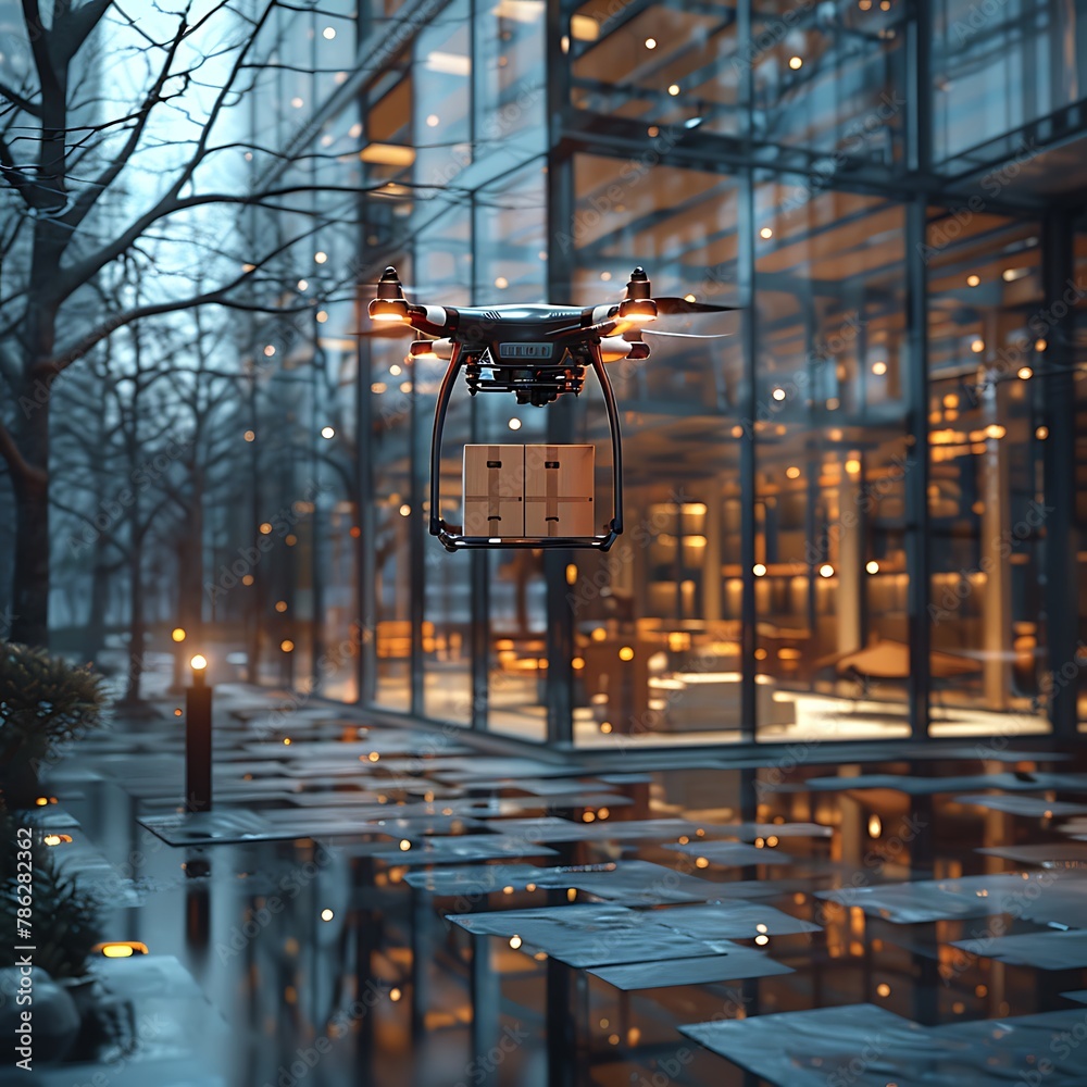 A shiny, silver drone delivering a package in front of a modern, glass-paneled building.