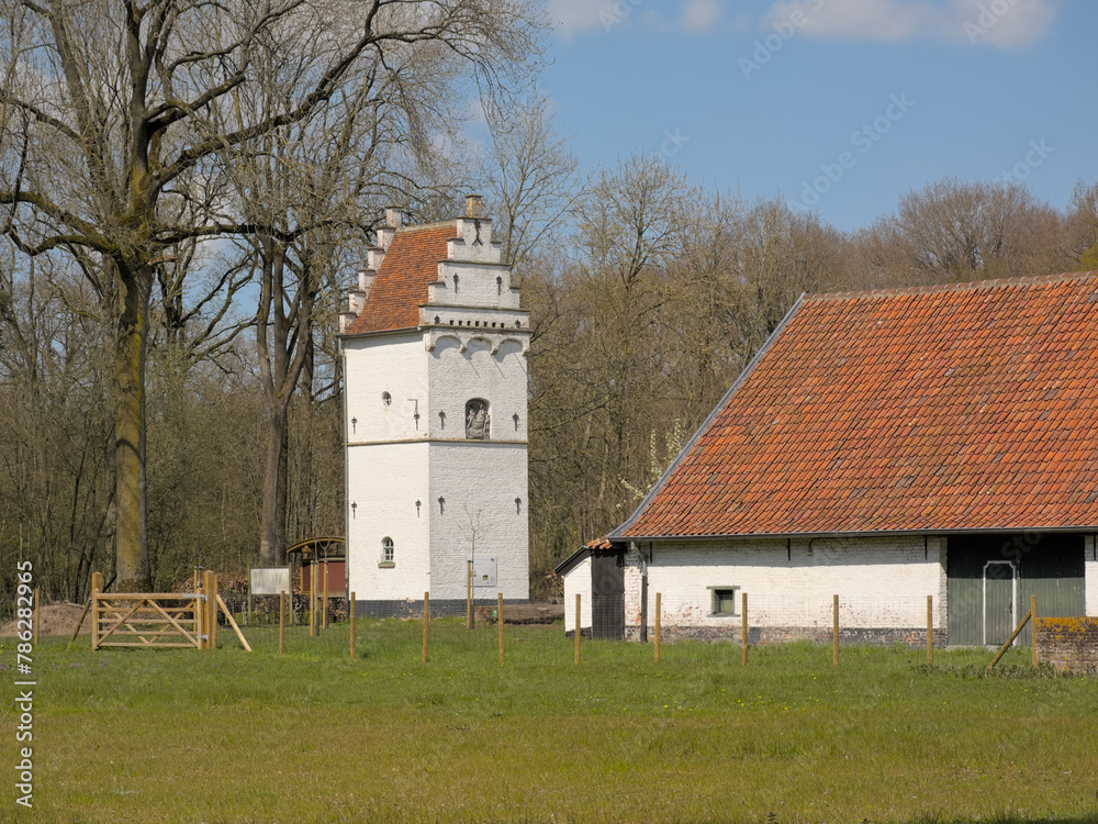 Pigeon tower of Drongengoedhoever, medieval farm in Drongengoedbos nature reserve, Ursel, Flanders, Belgium