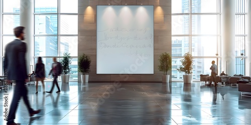 Blurred Businessman Passing Through Corporate Branding Frame in Modern Meeting Room photo