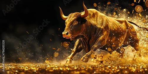 Energetic Golden Bull Charging with Digital Currency Emblems