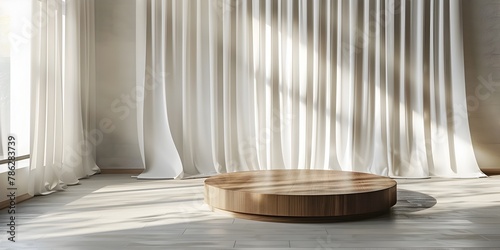 Round Minimalist Wooden Podium Against Soft Sunlit White Curtain Backdrop for Fashion Displays and Product Presentations