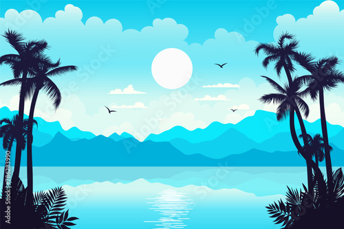 A serene cyan and blue tropical landscape with palm trees, ocean, and a colorful sky. Relaxing vacation spot with tropic beaches and vibrant scenery. Not AI.