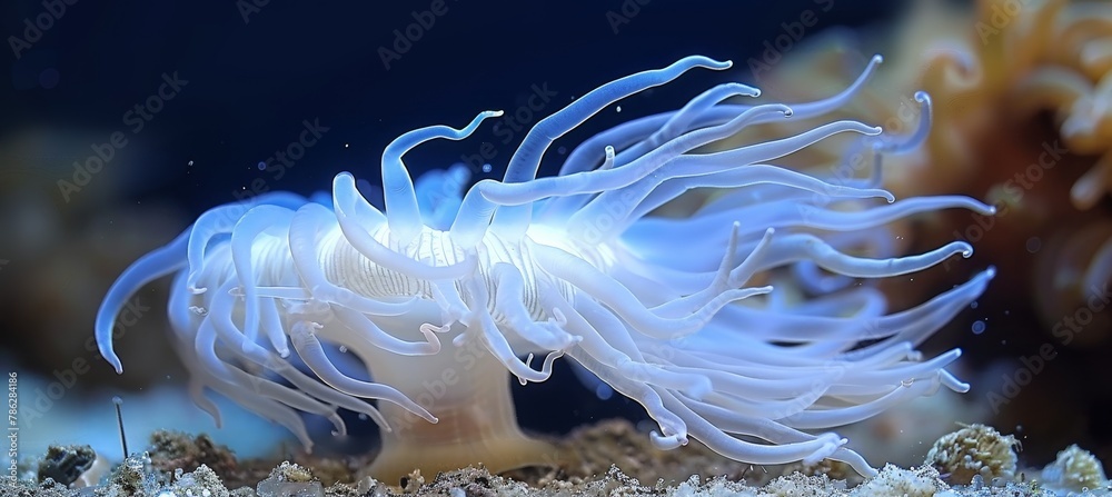 Obraz premium Colorful sea anemone thriving in vibrant coral reef environment, showcasing marine life diversity
