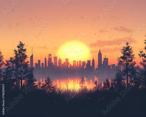 Sunset Silhouette of City Skyline and Forest 
