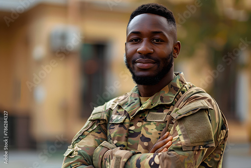 Portrait of a confident and proud soldier in a camouflage uniform at a government agency