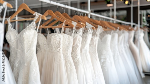 Exquisite white bridal gowns on hangers in luxury boutique salon for elegant wedding dresses