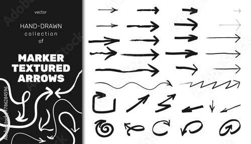 Set of marker textures and doodles, arrows illustrated in vector. This abstract collection features black ink designs suitable for various creative projects. Not AI.