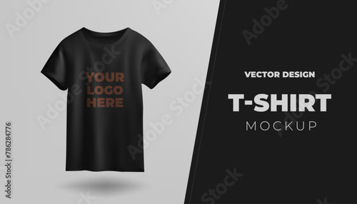 A 3D vector mockup presents a blank t-shirt in black, isolated against a white background, suitable for various designs. Ideal for showcasing apparel for both male and female wearers. Not AI. photo