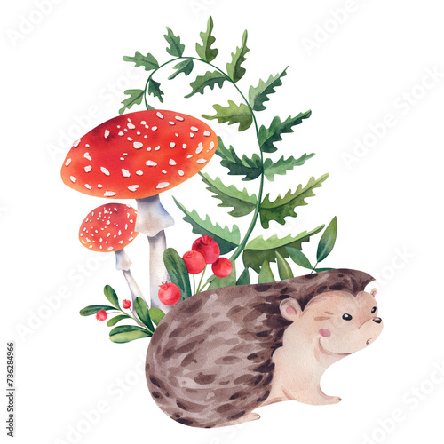 Hedgehog with fly agaric and a fern twig in sketch style on a white background. Watercolor illustration hand painted. A cute prickly hedgehog running through the forest. A decorative graphic element.