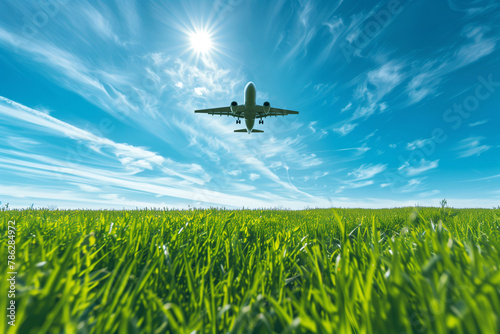 Low Angle View of Flying Airplane Over Green Field. Commercial airplane flying low over a lush green field on a sunny day, ideal for travel and tourism themes.