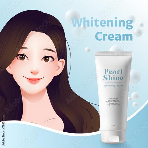 A banner with 3d whitening cream package, showcasing a realistic beautiful young woman with flawless skin. Beauty and skincare products, ideal for advertisements and packaging. Not AI.