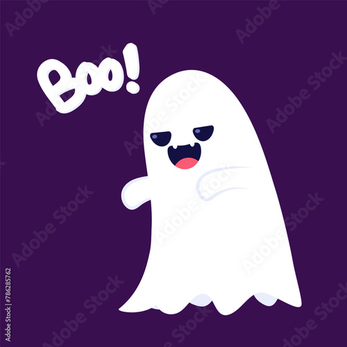 Cute ghost floating with Halloween pumpkin basket for Trick or Treat. Funny spooky boo character. Spook phantom with happy smiling face expression. Isolated kids flat vector illustration.