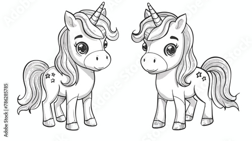 Cute cartoon unicorns Coloring book page Vector Illustration