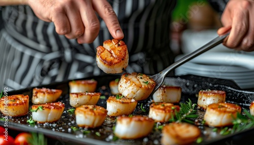Gourmet chef making grilled scallops in luxurious butter lemon sauce and cajun spices with herbs