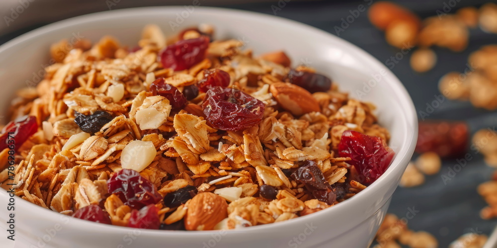 bowl of homemade granola, showcasing the crunchy clusters of oats, nuts, and dried fruit. Generative AI bowl of homemade granola, showcasing the crunchy clusters of oats, nuts, and dried fruit. Generative AI