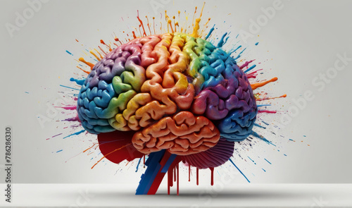 Creativity concept with a brain exploding in colors Mind blown concept white background