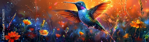 Vibrant neon hummingbird, shimmering with phantasmal iridescent hues, amidst mystical night flowers © Thanadol