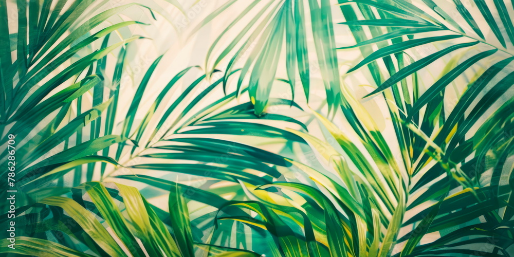 Obraz premium Tropical watercolor palm leaf pattern , evoking a sense of relaxation and tranquility in coastal-inspired . Generative AI