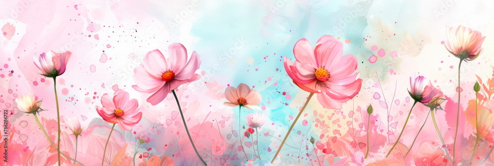 Whimsical watercolor of cosmos flowers against a dreamy pastel background, perfect for adding a touch of magic. Generative AI