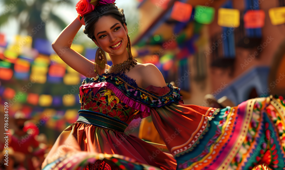 Cinco De Mayo beautiful hispanic woman in traditional colorful Mexican outfit dancing at the cultural festival, Generative AI