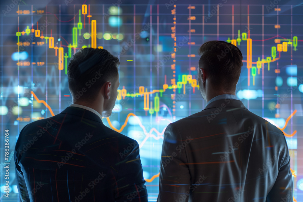 Rear View Businessmen Analyzing Stock Market. Two men analyzing financial charts on digital display for business, investment and economy.