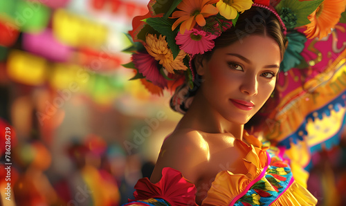 Cinco De Mayo woman with colorful outfit and decorations, part elements, cultural celebrations © Solvita
