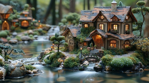 A small, intricately detailed model village set amidst a lush, meticulously maintained garden, complete with miniature trees and a flowing stream