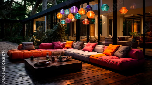 contemporary outdoor seating arrangement featuring modular sofas, a stylish area rug, and hanging string lights Generative AI