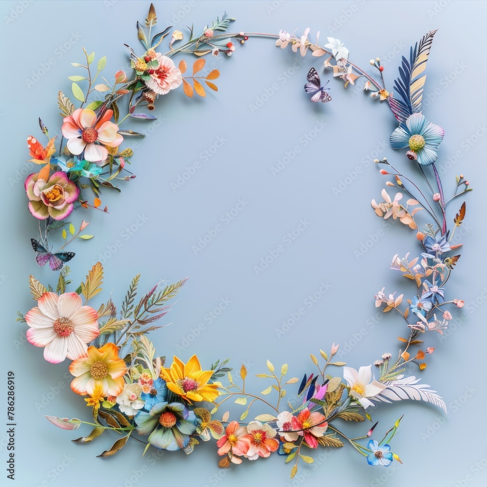 Circular frame adorned with wildflowers and feather accents.