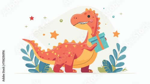 Cute Dinosaur Bring Gift Box Vector Icon Illustration.