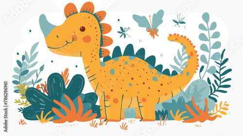 Cute dinosaur illustration. Stylized Lettering. Vector