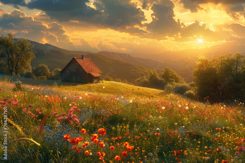 sunset over a peaceful countryside landscape with blooming flowers and a cozy cottage