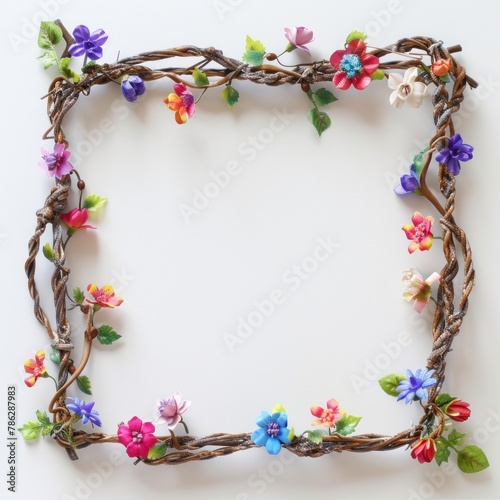 A pentagon frame made from braided vines and interspersed with small bright blossoms showcasing a crafty Bohemian look