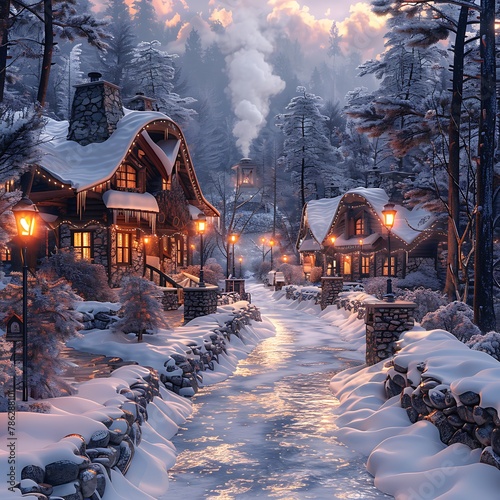 A snowy forest path lit by lanterns, leading to a cozy, inviting cabin with smoke rising from the chimney