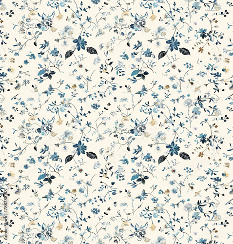 tiny floral pattern on white background, small flowers scattered around the design, muted colors, small roses and leaves in shades of blue, cream, grey, small tiny birds flying through the scene photo