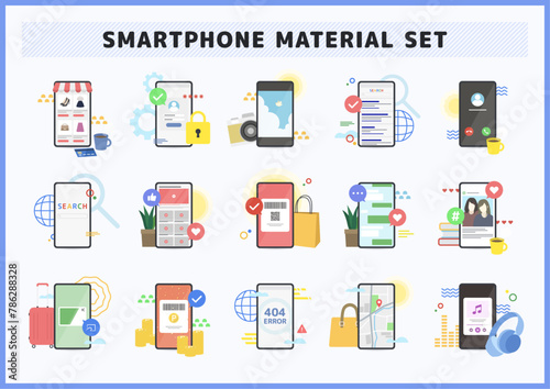 15種類のお洒落なスマートフォンのイラスト素材セット
