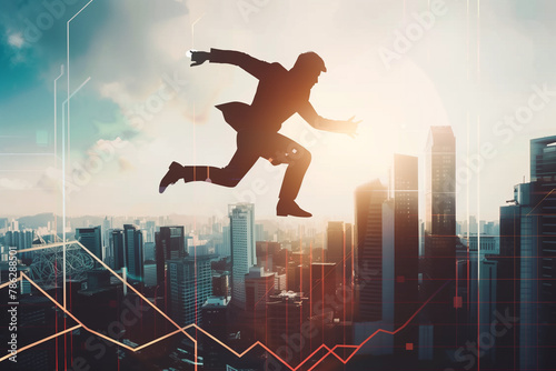 Man in suit jumping over city skyline with growth graphs. © Vladimir