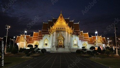 Wat Benchamabophit Dusitvanaram at night, the buddhist temple as known as the marble temple.