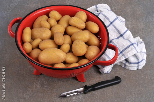 Pommes de terre crues et non épluchées dans une passoire rouge avec un économe et un torchon sur fond gris photo