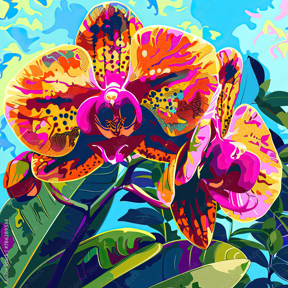 brightly colored orchids against a blue sky with green leaves